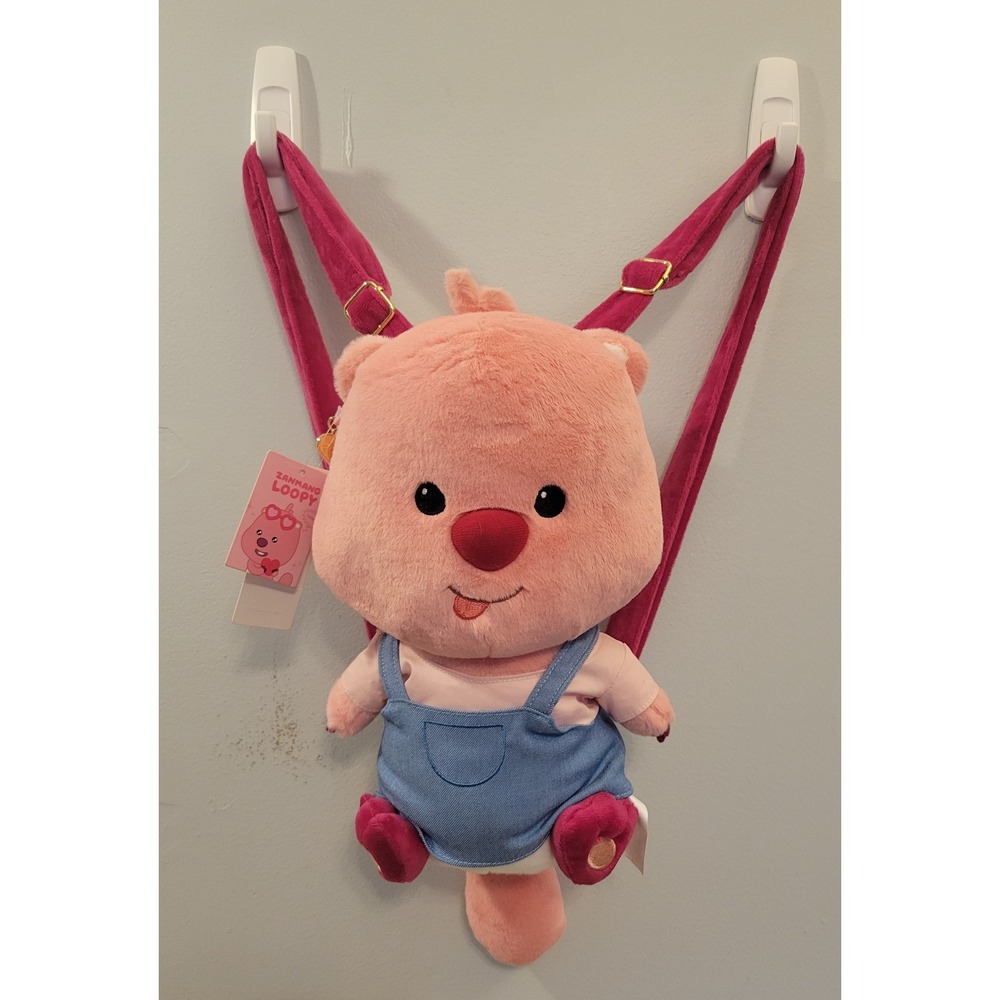 Miniso Zanmang Loopy Plush Backpack Pink Beaver Denim Overalls 12in NWT